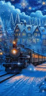 Magical train journey through snowy village at night.