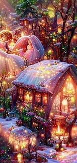 Magical winter village with lights and snow-covered cottages.