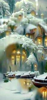 Magical winter village with glowing lights and snow-covered landscape.