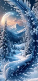 Winter wonderland with snow, trees, and feathers under a blue sky.