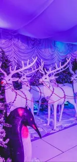 Purple winter wonderland with reindeer and festive trees.