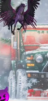 A snowy jeep with gifts, a purple Pegasus, and a cartoon emoji in a magical setting.