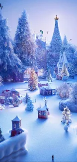 A magical winter wonderland with snowy village and festive lights.