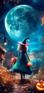 Mystical witch walking under a full moon on Halloween night.