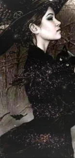 Gothic witch in forest with black cat and swirling leaves.