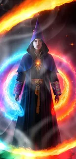 Wizard surrounded by colorful magical orbs in a mystical setting.