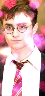 A famous young wizard with glasses in a robe and tie.