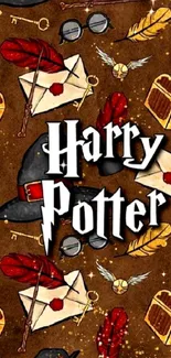 Harry Potter themed wallpaper with magical elements on a brown background.