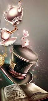 Whimsical wallpaper with teapot and top hat.