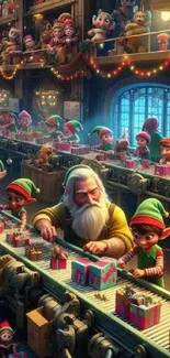 Santa and elves in a festive workshop assembling gifts.