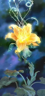 Yellow flower with sparkles on a blue background.