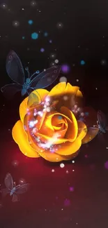 Magical yellow rose glowing with butterflies on a dark background.