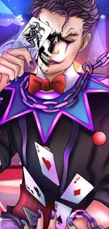 Magician in chains with cards in a vibrant purple-red wallpaper.