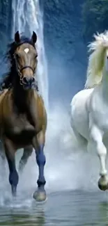 Two horses gallop through a serene waterfall scene in this captivating mobile wallpaper.