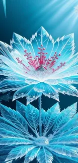 A shining ice flower with intricate crystalline details on a blue background.