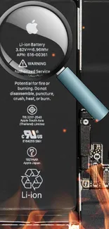 Magnified phone battery with fiery accents and tech details.