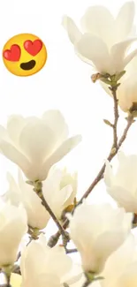 White magnolias with heart-eye emoji on a mobile wallpaper.