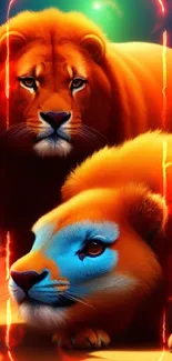 Colorful abstract wallpaper with two majestic lions in orange hues.