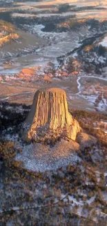 Aerial view of a majestic mountain with snow and forests below.