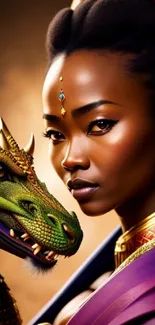 Majestic artwork of African woman with dragon, vibrant colors and intricate details.