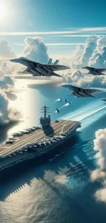 Aircraft carrier with fighter jets soaring above on a sunny day.