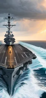 Aircraft carrier cutting through ocean under dramatic sky.