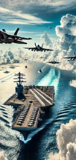 Jets fly over an aircraft carrier in the ocean under a cloud-filled sky.
