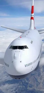 Airplane flying above clouds with a clear blue sky background.