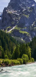 Majestic alpine mountain with forest and river, a stunning nature scene.