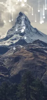 Majestic Alpine mountain peak with clouds overhead.