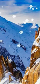 Majestic snowy alpine peaks under a vibrant sky.