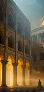 Majestic ancient building with arches and a glowing golden dome.