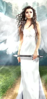 Ethereal angel with wings in a white dress holding a sword, set against a dramatic sky.