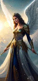 Majestic angel in golden dress with glowing white wings in a fantasy landscape.