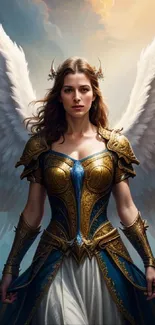 Majestic angel with golden armor and wings in a fantasy backdrop.