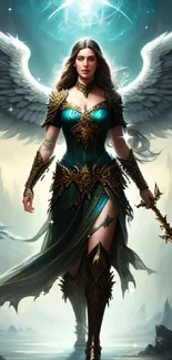 Majestic angelic warrior with sword and wings in fantasy art design.