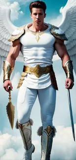 Mobile wallpaper of an angel warrior with wings and golden armor.