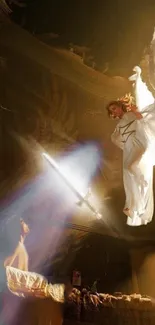 Majestic angel hovering with a glowing sword.