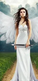 Beautiful angel with wings and sword under cloudy sky.