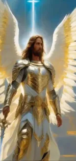 Majestic angel with glowing wings and sword set against a dreamy sky.