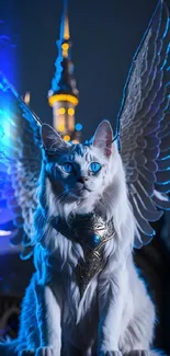 White cat with angel wings under a blue glow.