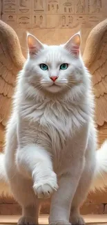 White cat with angelic wings in artistic wallpaper.