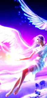 Angelic figure with glowing blue wings in a fantasy landscape.