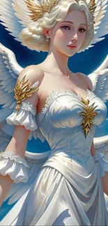 Wallpaper featuring a beautiful angelic figure with wings against a blue sky.