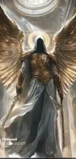 Majestic angel with golden wings and glowing halo.