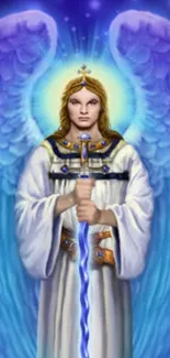 Angelic guardian with blue and purple aura.