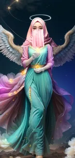 Angelic figure in teal dress with wings, celestial wallpaper design.