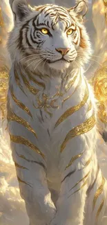 White tiger with golden wings in celestial artwork.