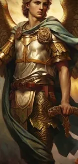 Majestic angelic warrior in golden armor with radiant wings.