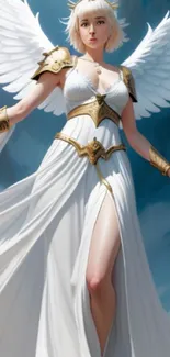 Angelic warrior with wings and golden armor in a mystical landscape wallpaper.